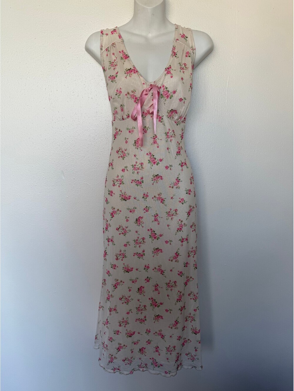 Pink Floral Midi Dress with Ribbon Tie